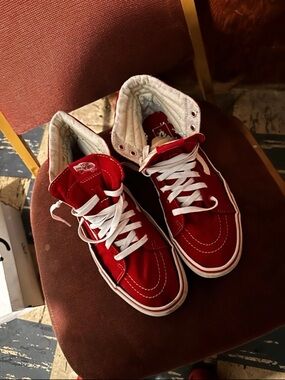Vans Red and White High-Top Sneakers